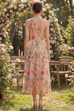 Vestido midi floral bordado em tule com um ombro em A-line blush para Convidada de Casamento