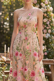 Vestido midi floral bordado em tule com um ombro em A-line blush para Convidada de Casamento