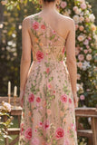 Vestido midi floral bordado em tule com um ombro em A-line blush para Convidada de Casamento