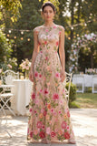 Vestido longo floral bordado em decote bateau em linha A em tule para Convidada de Casamento