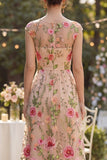 Vestido longo floral bordado em decote bateau em linha A em tule para Convidada de Casamento