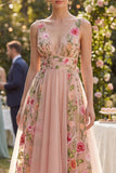 Vestido midi floral bordado em tule em tule com decote em V para Convidada de Casamento