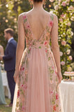Vestido midi floral bordado em tule em tule com decote em V para Convidada de Casamento