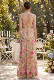 Vestido longo floral bordado em decote em V em tule com decote em V para Convidada de Casamento