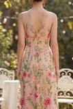 Vestido longo floral bordado em decote em V em tule com decote em V para Convidada de Casamento