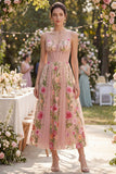 Blush Vestido Midi Blush Linha A, Espartilho Bordado em Tule com Gola em V para Convidada de Casamento