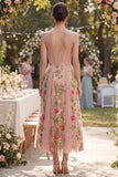 Blush Vestido Midi Blush Linha A, Espartilho Bordado em Tule com Gola em V para Convidada de Casamento