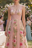 Blush Vestido Midi Blush Linha A, Espartilho Bordado em Tule com Gola em V para Convidada de Casamento