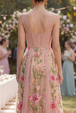 Blush Vestido Midi Blush Linha A, Espartilho Bordado em Tule com Gola em V para Convidada de Casamento
