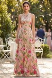 Vestido floral longo em tule bordado A-line Blush para Convidada de Casamento