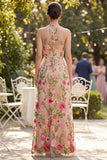 Vestido floral longo em tule bordado A-line Blush para Convidada de Casamento