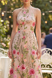 Vestido floral longo em tule bordado A-line Blush para Convidada de Casamento