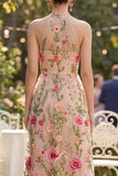 Vestido floral longo em tule bordado A-line Blush para Convidada de Casamento