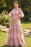 Vestido floral comprido com aplicação cor-de-rosa com ombros caídos para Convidada de Casamento