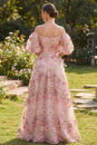 Vestido floral comprido com aplicação cor-de-rosa com ombros caídos para Convidada de Casamento