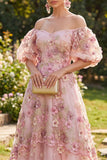 Vestido floral comprido com aplicação cor-de-rosa com ombros caídos para Convidada de Casamento