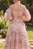 Vestido floral comprido com aplicação cor-de-rosa com ombros caídos para Convidada de Casamento