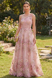 Vestido longo floral franzido em tule fúcsia fúcsia em linha A com um ombro para Convidada de Casamento