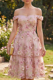 Vestido midi floral com aplicação do ombro em tule fúcsia cor-de-rosa em linha A para Convidada de Casamento