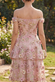 Vestido midi floral com aplicação do ombro em tule fúcsia cor-de-rosa em linha A para Convidada de Casamento