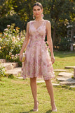 Vestido midi floral aplicado com decote em V, tule em tule em linha A para Convidada de Casamento