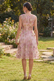 Vestido midi floral aplicado com decote em V, tule em tule em linha A para Convidada de Casamento