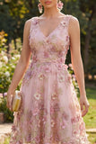 Vestido midi floral aplicado com decote em V, tule em tule em linha A para Convidada de Casamento