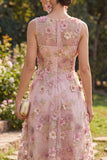 Vestido midi floral aplicado com decote em V, tule em tule em linha A para Convidada de Casamento