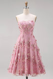 Vestido Midi Floral A-Line em Tule Sweetheart Pink Fuchsia Appliqued para Convidada de Casamento