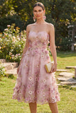 Vestido Midi Floral A-Line em Tule Sweetheart Pink Fuchsia Appliqued para Convidada de Casamento