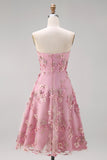 Vestido Midi Floral A-Line em Tule Sweetheart Pink Fuchsia Appliqued para Convidada de Casamento