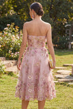Vestido Midi Floral A-Line em Tule Sweetheart Pink Fuchsia Appliqued para Convidada de Casamento