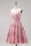 Vestido Midi Floral A-Line em Tule Sweetheart Pink Fuchsia Appliqued para Convidada de Casamento