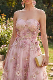 Vestido Midi Floral A-Line em Tule Sweetheart Pink Fuchsia Appliqued para Convidada de Casamento