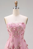 Vestido Midi Floral A-Line em Tule Sweetheart Pink Fuchsia Appliqued para Convidada de Casamento