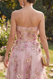 Vestido Midi Floral A-Line em Tule Sweetheart Pink Fuchsia Appliqued para Convidada de Casamento