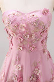 Vestido Midi Floral A-Line em Tule Sweetheart Pink Fuchsia Appliqued para Convidada de Casamento
