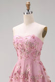 Vestido Midi Floral A-Line em Tule Sweetheart Pink Fuchsia Appliqued para Convidada de Casamento