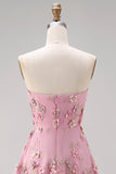 Vestido Midi Floral A-Line em Tule Sweetheart Pink Fuchsia Appliqued para Convidada de Casamento