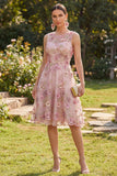 Vestido Midi Floral A-Line em Tule Cor-de-rosa Fúcsia com decote redondo e aplicados para Convidada de Casamento