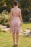 Vestido Midi Floral A-Line em Tule Cor-de-rosa Fúcsia com decote redondo e aplicados para Convidada de Casamento