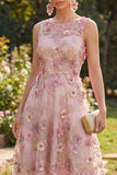 Vestido Midi Floral A-Line em Tule Cor-de-rosa Fúcsia com decote redondo e aplicados para Convidada de Casamento
