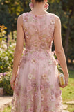 Vestido Midi Floral A-Line em Tule Cor-de-rosa Fúcsia com decote redondo e aplicados para Convidada de Casamento