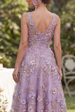 Vestido midi floral com contas aplicadas em tule lilas, linha A para Convidada de Casamento
