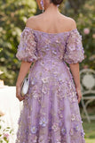 Vestido midi floral, com missangas em tule linha A fora dos ombros para Convidada de Casamento
