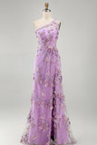 Vestido floral, longo e franzido de misangas com um ombro e tule sereia, lilas,para Convidada de Casamento