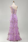 Vestido floral, longo e franzido de misangas com um ombro e tule sereia, lilas,para Convidada de Casamento