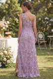 Vestido floral, longo e franzido de misangas com um ombro e tule sereia, lilas,para Convidada de Casamento
