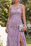 Vestido floral, longo e franzido de misangas com um ombro e tule sereia, lilas,para Convidada de Casamento