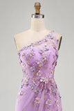 Vestido floral, longo e franzido de misangas com um ombro e tule sereia, lilas,para Convidada de Casamento